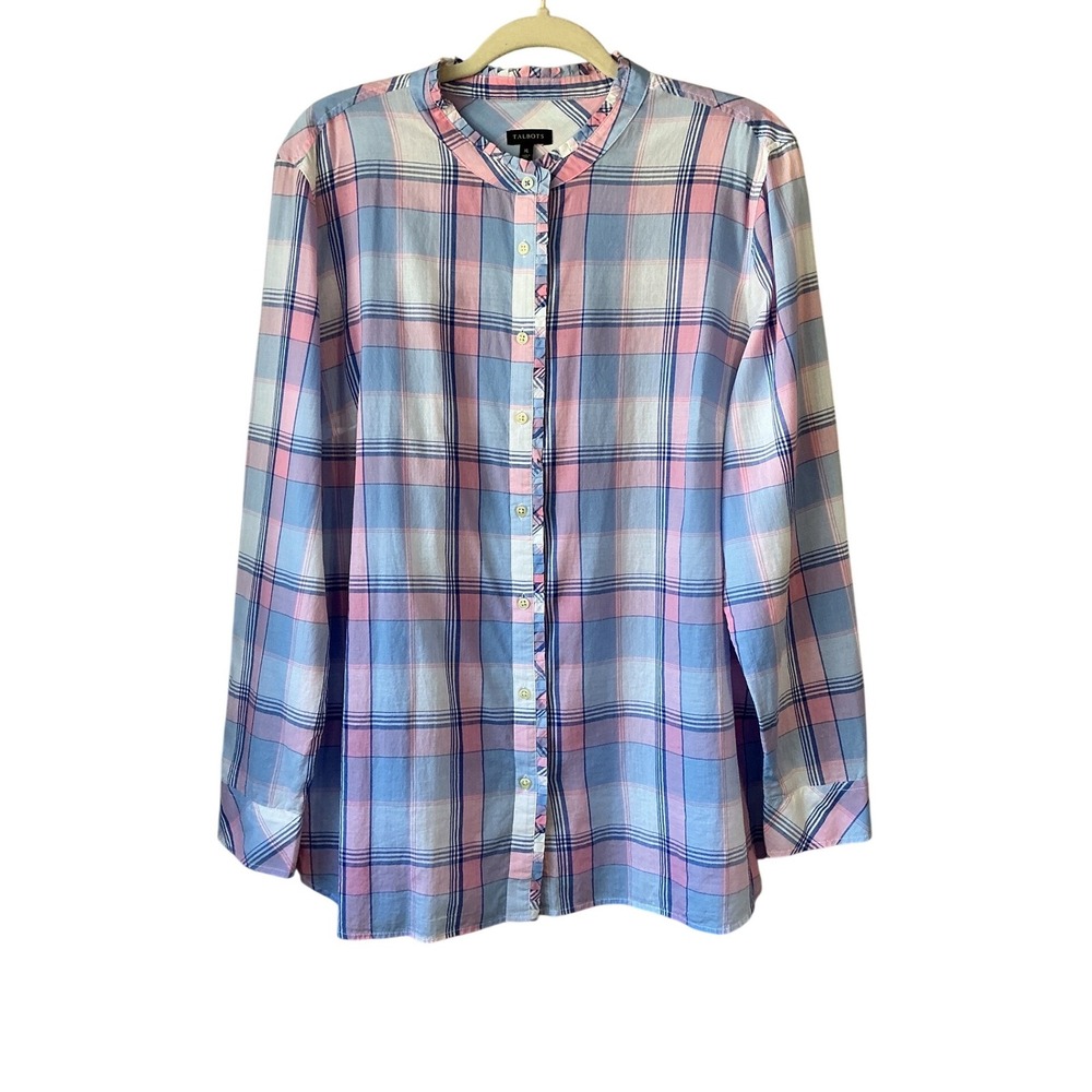 Talbots Womens‎ XL Pink Blue Plaid Ruffle Collar Cotton Button Down Shirt Blouse